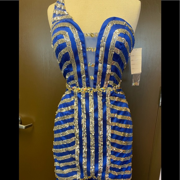 NWT Party Time Formal One Shoulder Detachable Train Royal/ Silver - Sz 2, 8, 12 - Picture 4 of 7